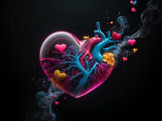 transparent heart with neuron and smoke, black background, isolated for design 