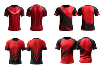 Set of blank sports shirt red and black design template, From front and back two sides, natural shape on invisible mannequin, for your design mockup for print, isolated on white background