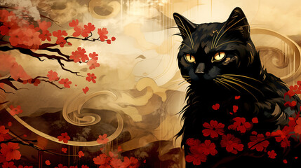 Wallpaper with a black cat in Japanese style