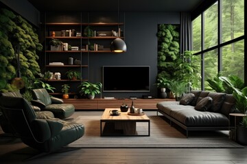 
Modern and cozy living room with black walls and plants 3d visualisation, in the style of dark green and light black, environmental awareness