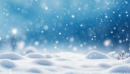 Winter landscape background with white snow on blurred blue background with bokeh