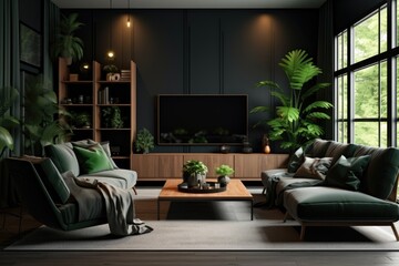 
Modern and cozy living room with black walls and plants 3d visualisation, in the style of dark green and light black, environmental awareness