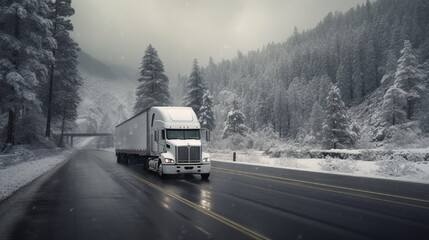 White big rig industrial semi truck with grille guard transporting cargo in dry van semi trailer standing on road shoulder of a winter highway during a snow storm near Shasta Lake in California .