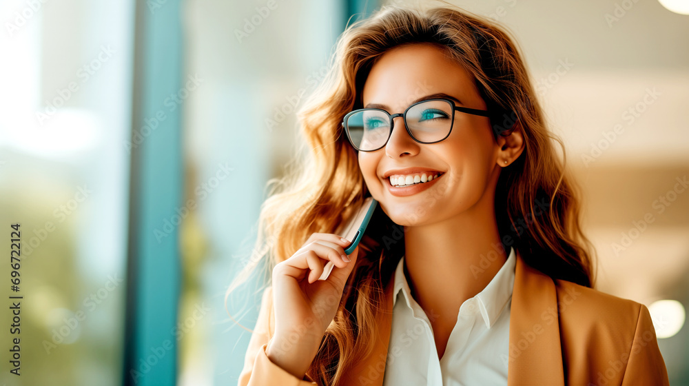 Poster happy businesswoman talking on mobile phone while standing near office window