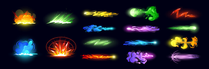 Effect game comic, lightning wave cartoon. Vfx energy fire, neon wave laser bomb, magic laser lighting, plasma burst, fireball. Power explosion, gun animation, beam flame. Vector cartoon garish raygun © Natalia