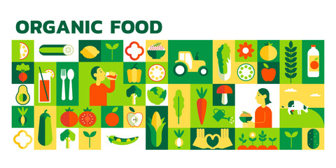 Food vegetable organic set. Fruits drinks, kitchen background, green plant, farm meal eating, healthy menu design, geometric cooking vegan detox banner. Vector nature icon concept logo for veg product © Natalia