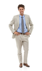 Happy, style and portrait of businessman in studio with elegant, fancy and stylish suit. Smile,...