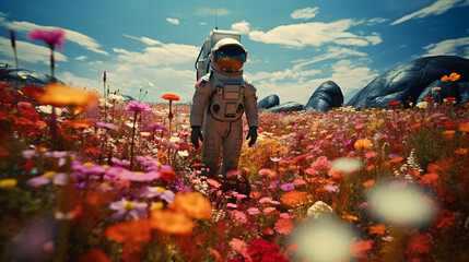 An astronaut strolls through a field full of flowers - obrazy, fototapety, plakaty
