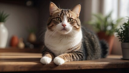 Portrait of a cute cat sitting on the table at home in blurry background