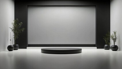 Fototapeta premium Clean cement empty room with black podium, ceiling lights and potted plants. Modern minimalist background for product presentation or display