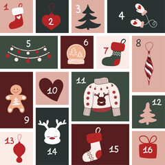 Advent calendar for 16 days with Christmas elements. 16 gifts with numbers for the Advent calendar