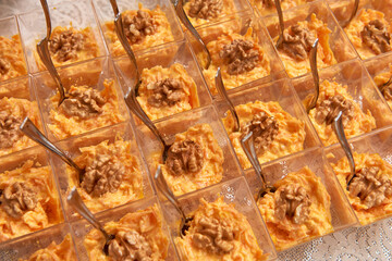 Potato and carrot salad, engagement dinner presentation on the table style, portion.