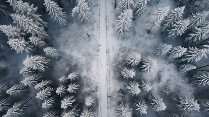 Forest in snow. Snowy forest road. Forest road from above. Image of snow in winter season. copy space for text.