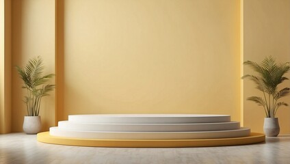 Yellow podium background for cosmetic product display, presentation and advertisement. Minimalist clean empty room