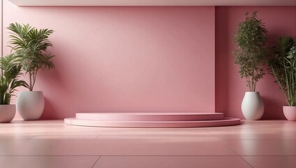 Pink podium background for cosmetic product display, presentation and advertisement. Minimalist clean empty room