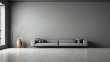 Empty room with grey walls, potted plant and grey armchair, front view. Modern minimalist background for product presentation or display