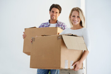 Happy, boxes and portrait of couple in new home living room for unpacking and moving together....