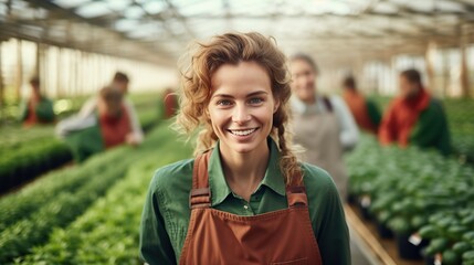 Group of women in greenhouse and sustainable small business in agriculture. Happy farmer team at vegetable farm. Image of group women in organic farm. copy space for text.