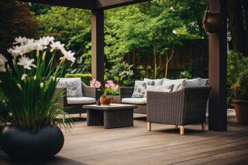 table setting in the garden, An image of a beautiful outdoor seating area, with several luxurious chairs arranged around a fire pit, AI Generated