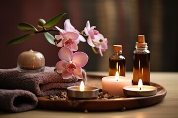 Spa still life with orchids, candles and towels on wooden table, Aromatherapy massage ambiance or spa salon composition setup, AI Generated