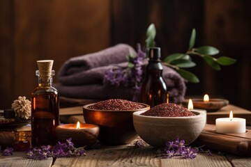 Spa still life with lavender essential oil and candles on wooden background, Aromatherapy massage ambiance or spa salon composition setup, AI Generated - obrazy, fototapety, plakaty