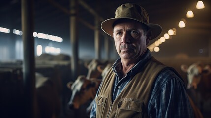 Mature farmer posing in a cowshed . Portrait of confident mature male farmer posing in cowshed at dairy farm on summer day. image of farmer.