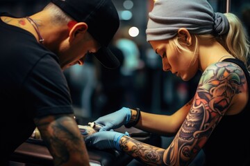 Tattoo artist doing tattoo on a young woman in a tattoo studio, attoo artist working on a customer's arm, AI Generated - obrazy, fototapety, plakaty