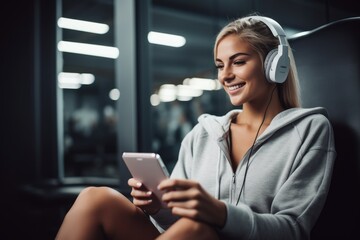 Portrait of a beautiful young woman listening to music with headphones while sitting in the gym, Attractive athletic woman in headphones wearing towel on her shoulders and using, AI Generated