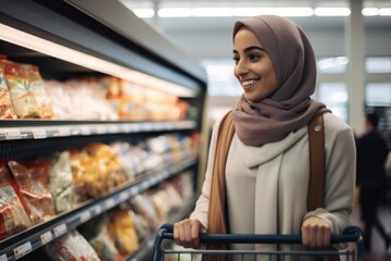 Portrait of happy muslim woman in hijab holding shopping cart in supermarket, Attractive middle Eastern young woman wearing a hijab shopping at a supermarket, AI Generated - obrazy, fototapety, plakaty