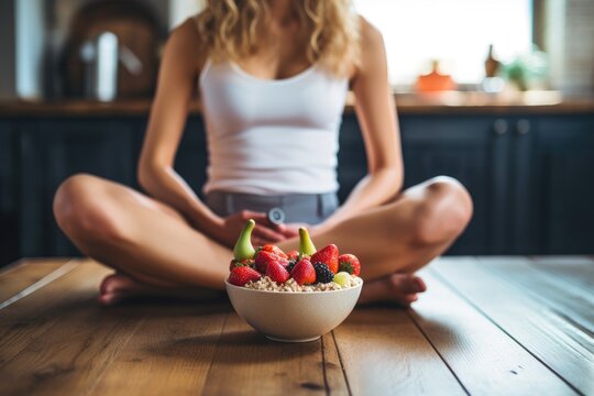 Healthy Breakfast. Cropped Image Of Young Woman Sitting In The Kitchen At Home, Athletic Woman Eating A Healthy Bowl Of Muesli With Fruit Sitting On Floor In The Kitchen At Home, AI Generated