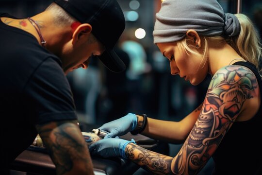 Tattoo artist doing tattoo on a young woman in a tattoo studio, attoo artist working on a customer's arm, AI Generated