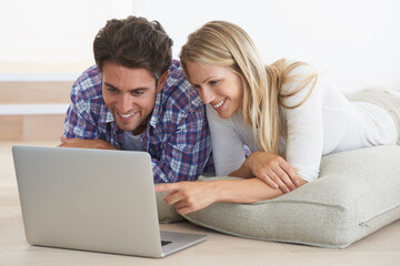 Couple, happy and laptop on floor in home for movie, social media or web streaming with bonding and love. Technology, man or woman on ground with computer pc for internet scroll and tv show for care - obrazy, fototapety, plakaty