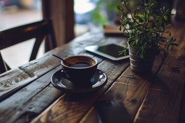 Empty tablet with a cup of coffee on wood work desk, soft focus vintage color tone