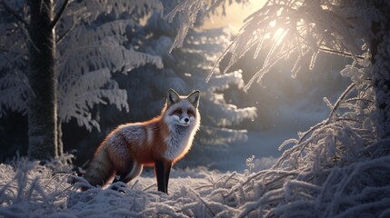 Winter forest landscape with a Fox. .