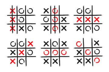 Tic tac toe xo game hand drawn grid doodle template vector illustration set isolated on white background