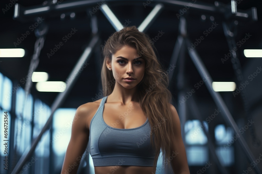 Sticker Portrait of beautiful young woman in sportswear posing in gym, Portrait of beautiful woman working out at gym, AI Generated