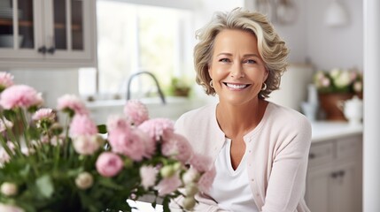 Smiling middle aged woman sitting in domestic kitchen at home, single mature senior in living room with flowers and plants. copy space for text.