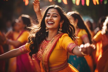 Beautiful indian girl in sari dancing at the street, Beautiful Indian women wearing vivid colorful...