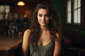 Fototapeta premium Portrait of beautiful young woman with long curly hair sitting in cafe, Beautiful woman smiling with crossed arms, AI Generated