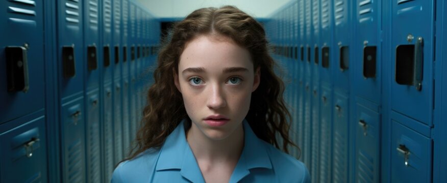 A young girl is standing in a hallway with lockers. Generative AI.