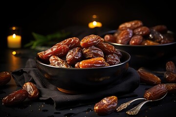Medjool dates in bowl on black background. Selective focus, Big luxury dried date fruit in bowls on...