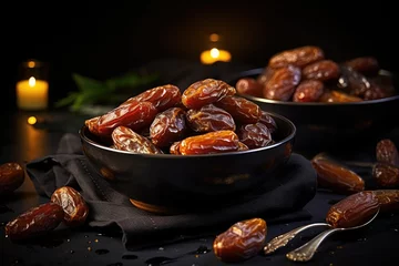 Gordijnen Medjool dates in bowl on black background. Selective focus, Big luxury dried date fruit in bowls on the dark surface, AI Generated © Iftikhar alam