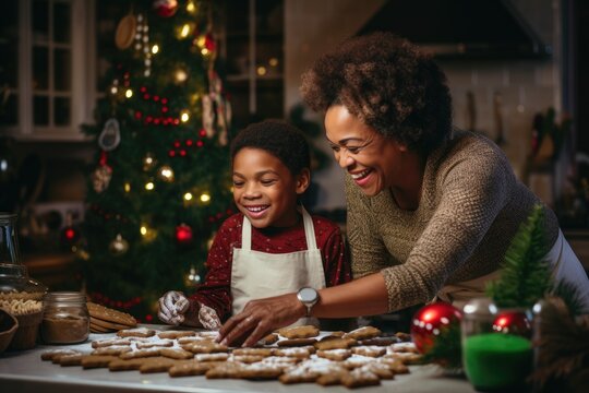 Cute Little Girl And Her Mother Making Gingerbread Cookies For Christmas, Black African American Dark-skinned Grandmother And Grandson Baking Cookies At Christmas Together, AI Generated