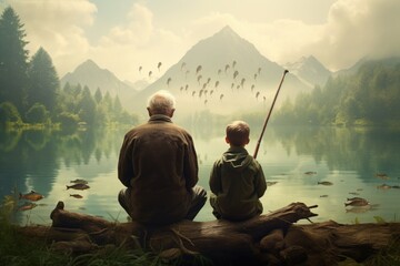 Fisherman and his grandson fishing on a lake in the mountains, Boy, father and grandfather fishing in lake, AI Generated - obrazy, fototapety, plakaty