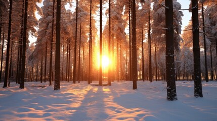 Winter snow forest at sunset .