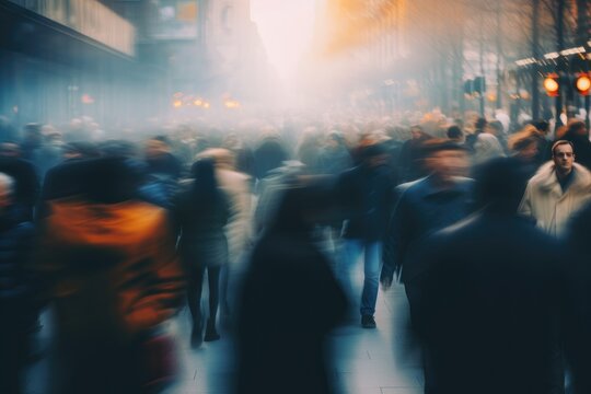 Blurred image of people walking in the city. Shallow depth of field, Blurred crowd of unrecognizable at the street, AI Generated