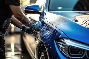 professional mechanic working in garage, An employee of a car wash or car shop thoroughly washes a blue car, AI Generated