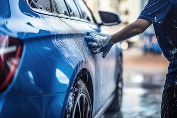 professional mechanic working in garage, An employee of a car wash or car shop thoroughly washes a blue car, AI Generated - obrazy, fototapety, plakaty