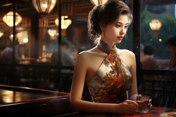 beautiful woman in a restaurant, An exquisite Chinese lady donning a traditional qipao cheongsam dress while dining in a restaurant, AI Generated