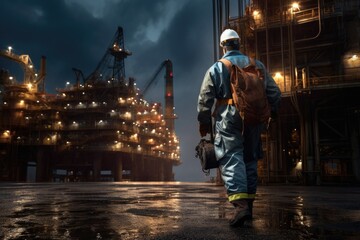 oil worker in the factory, An offshore oil rig worker walks to an oil and gas facility to work in the process area, AI Generated